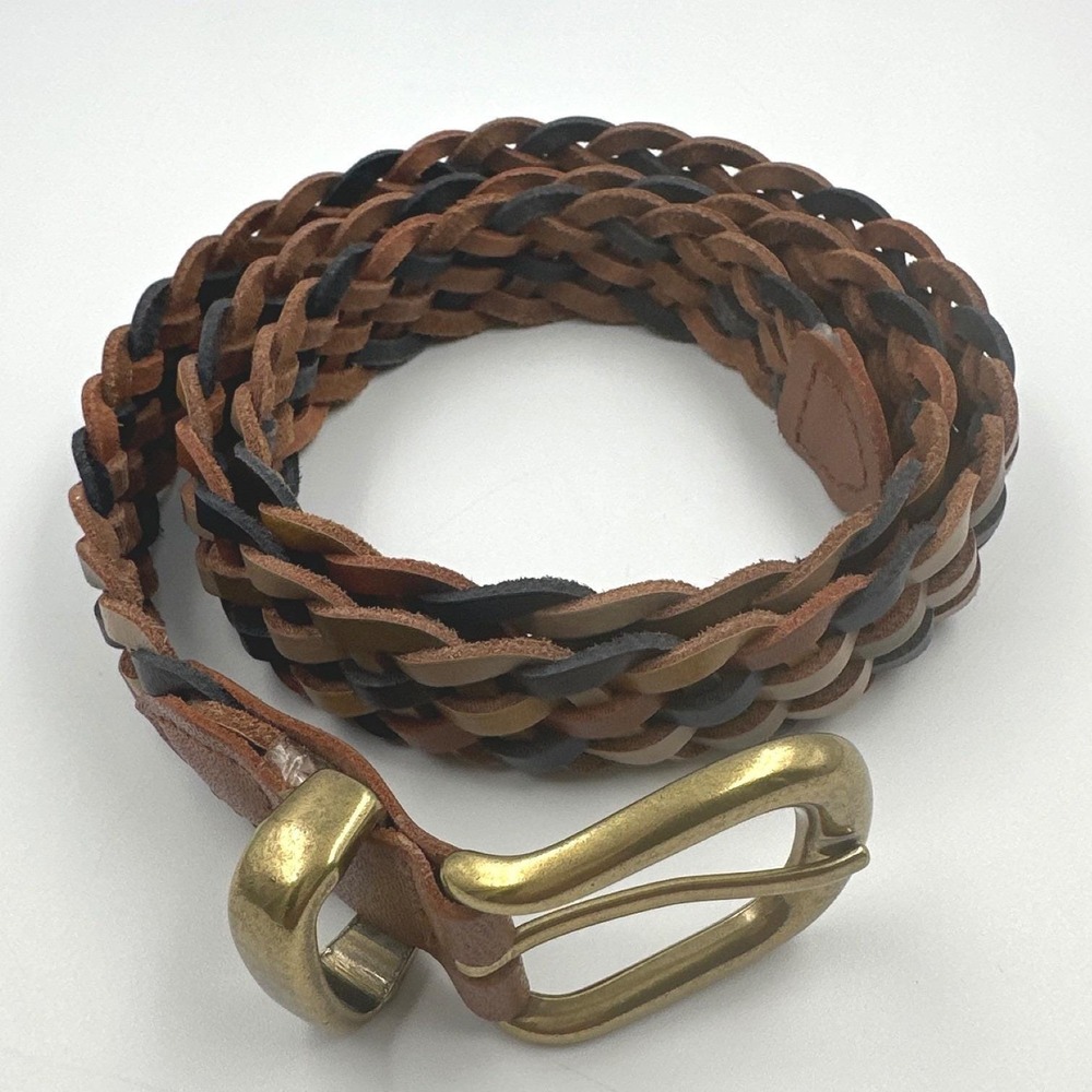 VTG Braided Leather 40" Belt Brown Brass Buckle Guatemala Boho Women's Size ML